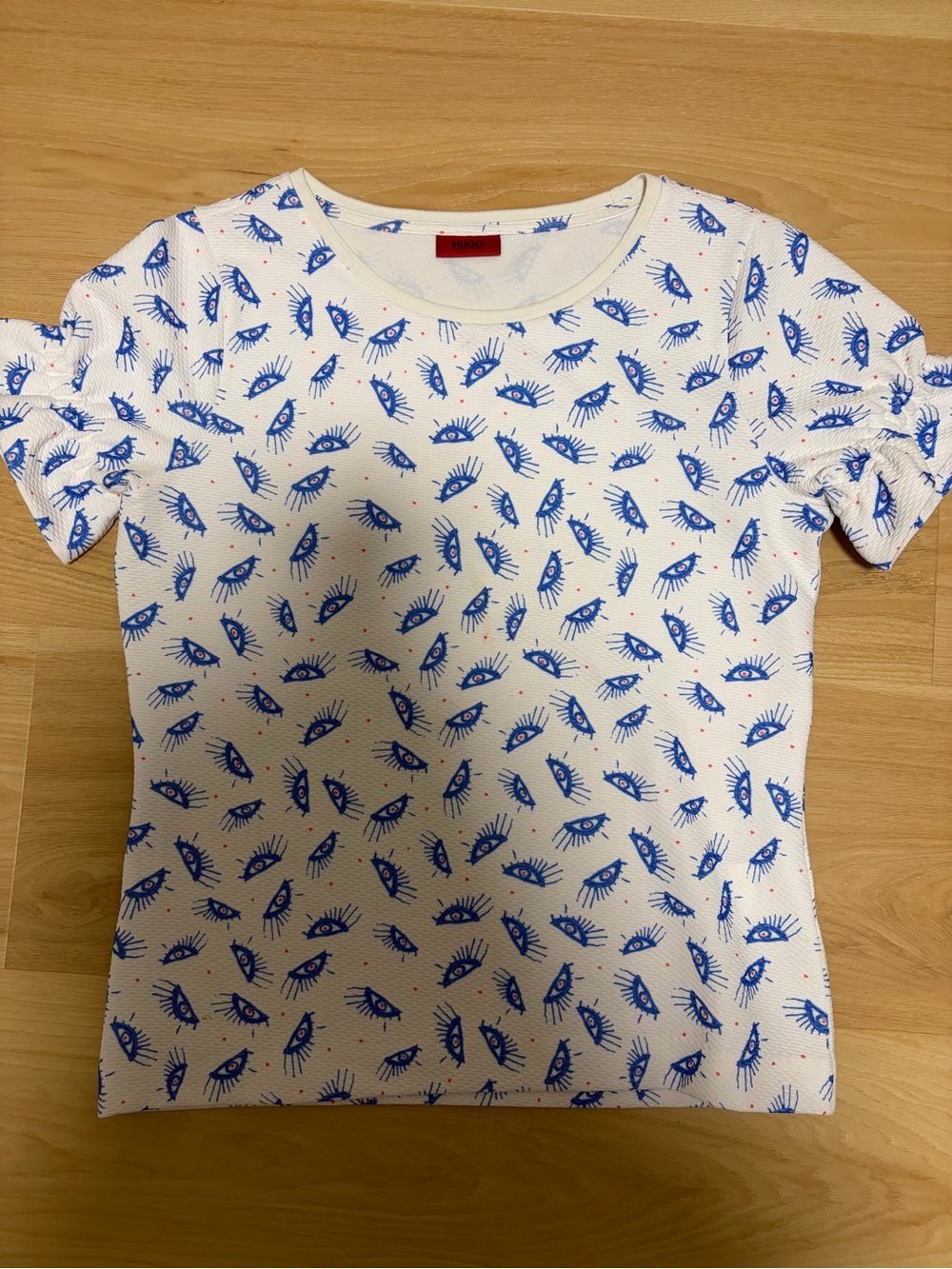HUGO White Short Sleeve women’s Top with Blue Eye Print